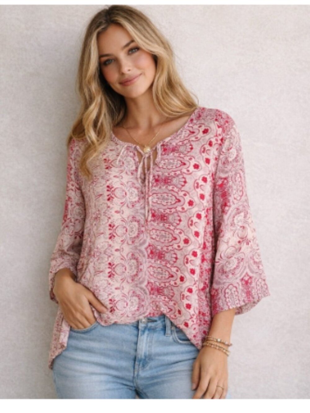 Johnny Was Pink Paisley Cupra Rayon Boho Peasant Blouse 3/4 Sleeve MED